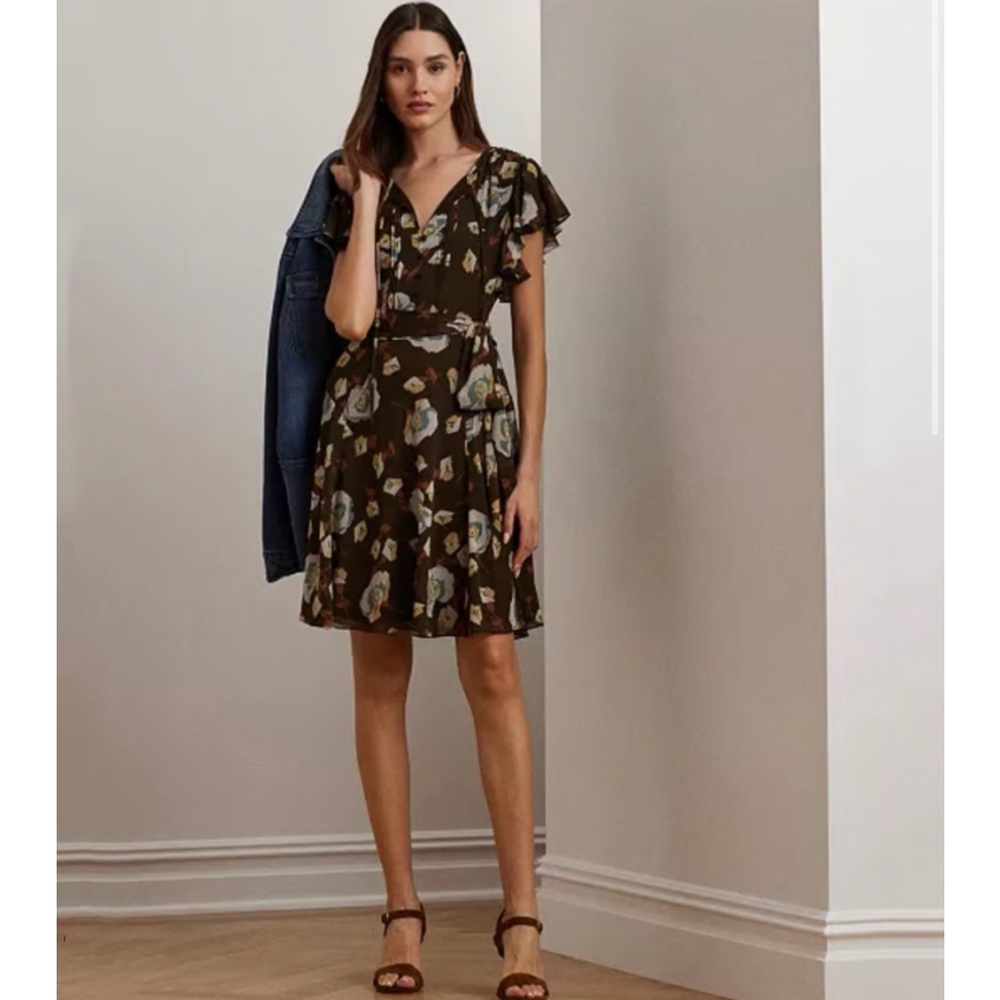Lauren Ralph Lauren Georgette Floral Flutter Sleeve Dress Tie Neck Brown 6 NWOT
